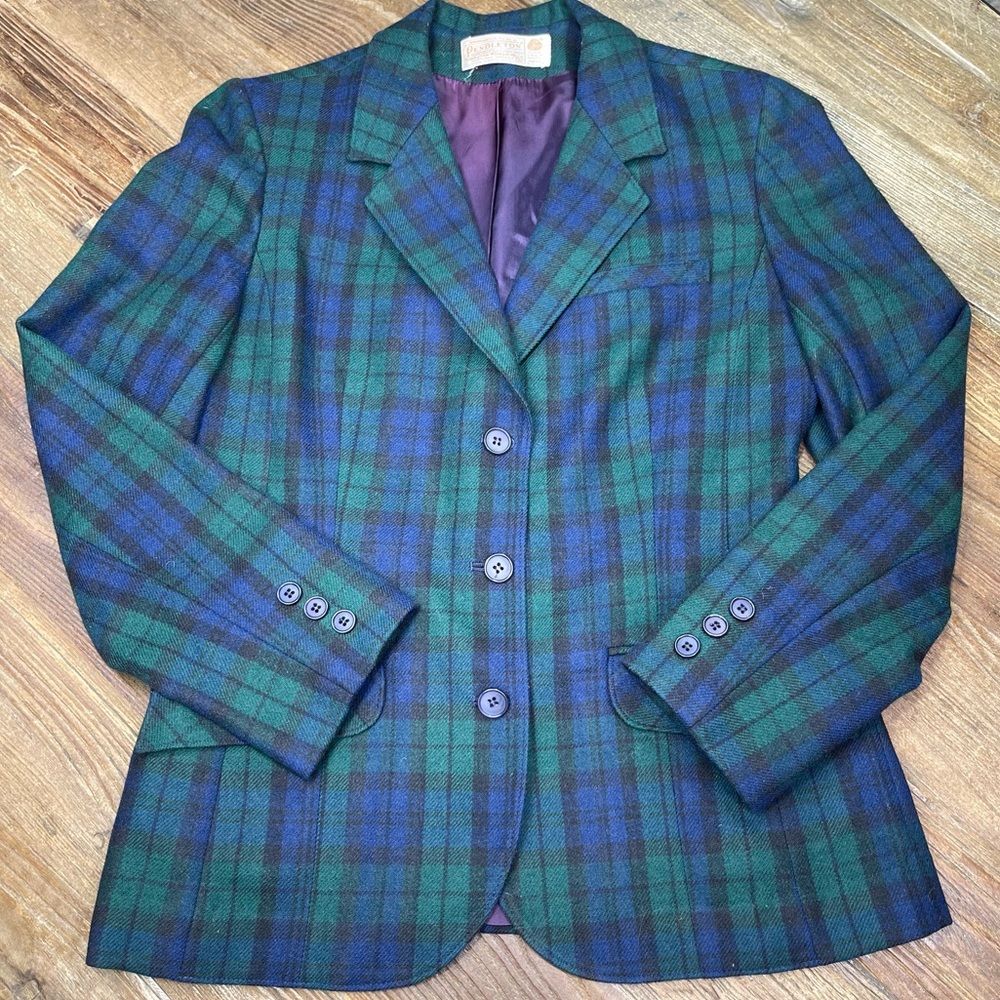 Pendleton Green and Blue Plaid Wool Blazer